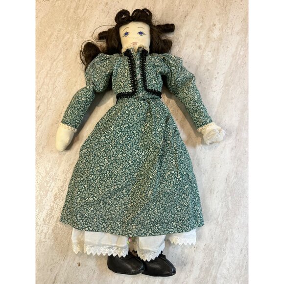 Handmade Vintage Rag Doll In Green Floral Dress & Lace Trim By Cattle Kate Jacks - Picture 9 of 11